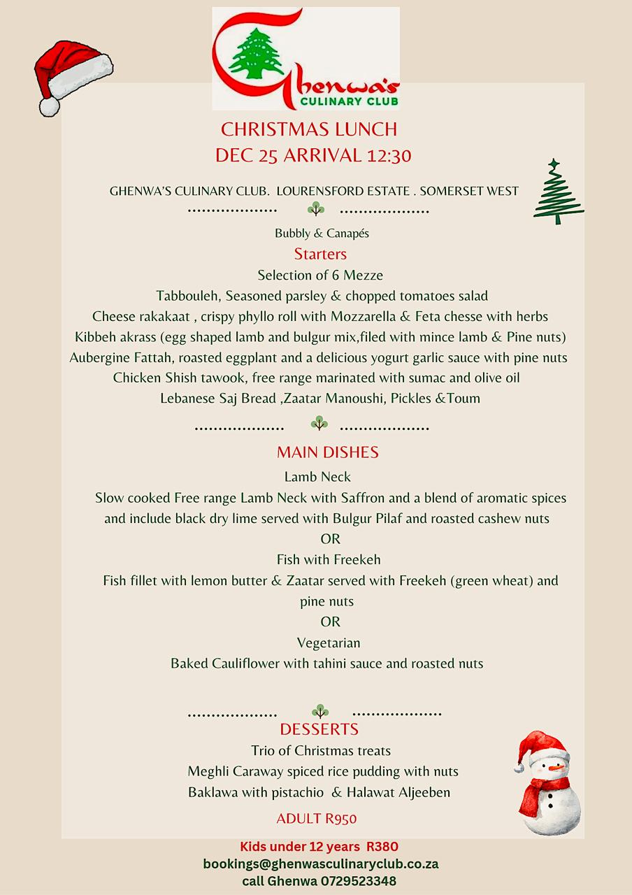 Christmas Lunch menu - 25 Dec 26