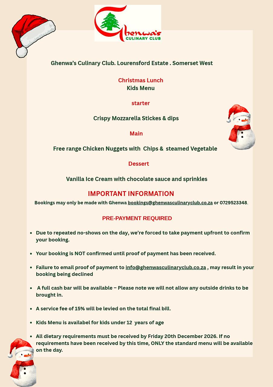 Christmas Lunch kids menu